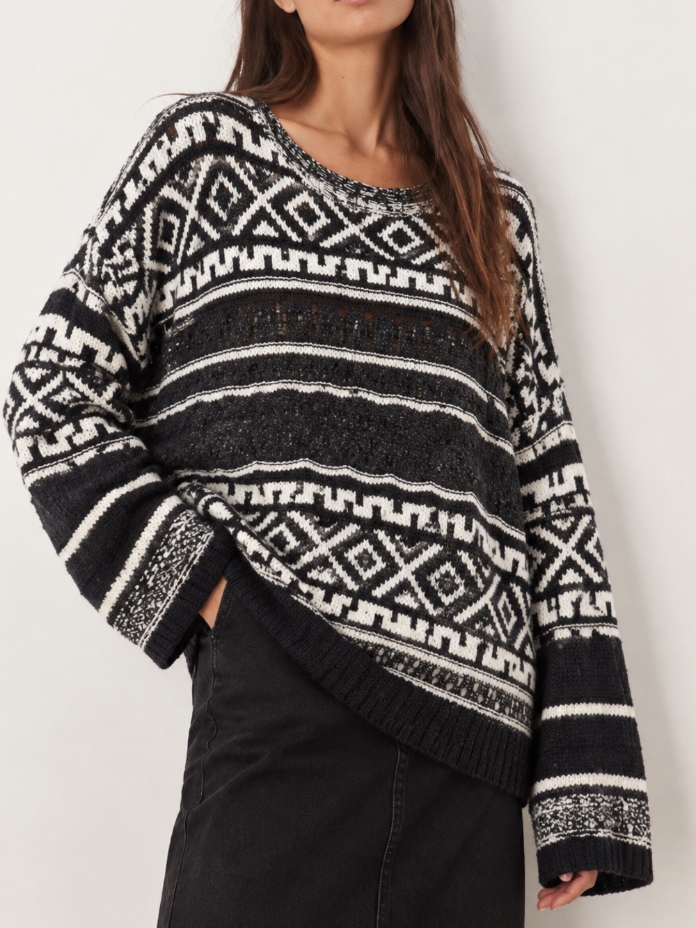 Free People Fair Isle Oversized Cotton Sweater Black White Slouchy Boho M Aztec